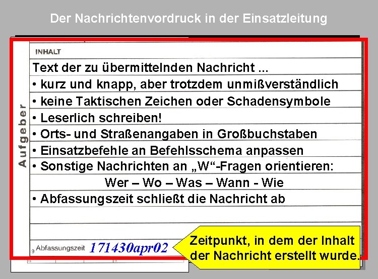 Der Nachrichtenvordruck in der Einsatzleitung Text der zu übermittelnden Nachricht. . . • kurz