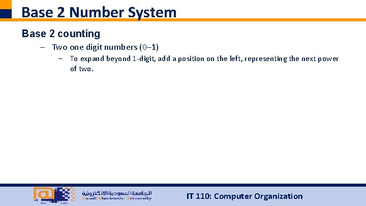Base 2 Number System Base 2 counting – Two one digit numbers (0– 1)