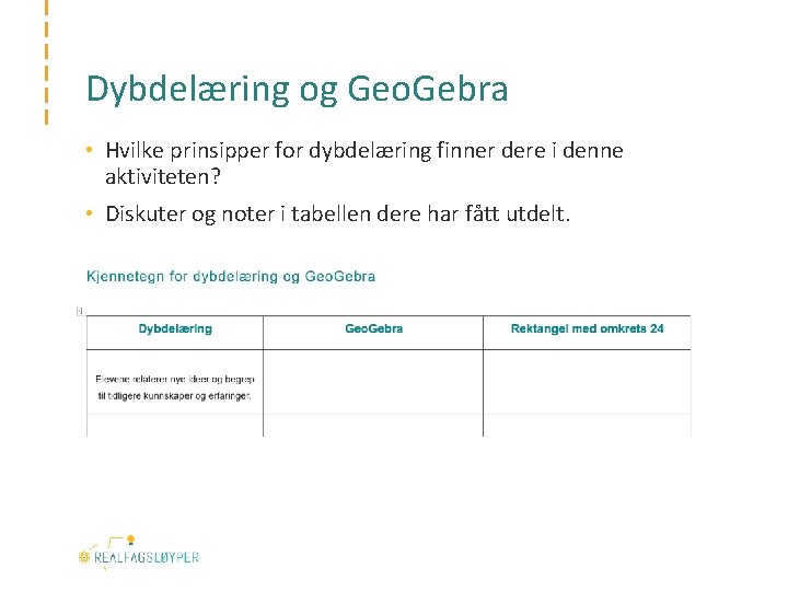 Dybdelæring og Geo. Gebra • Hvilke prinsipper for dybdelæring finner dere i denne aktiviteten?