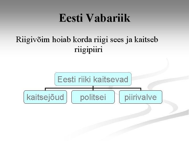 Eesti Vabariik Riigivõim hoiab korda riigi sees ja kaitseb riigipiiri Eesti riiki kaitsevad kaitsejõud