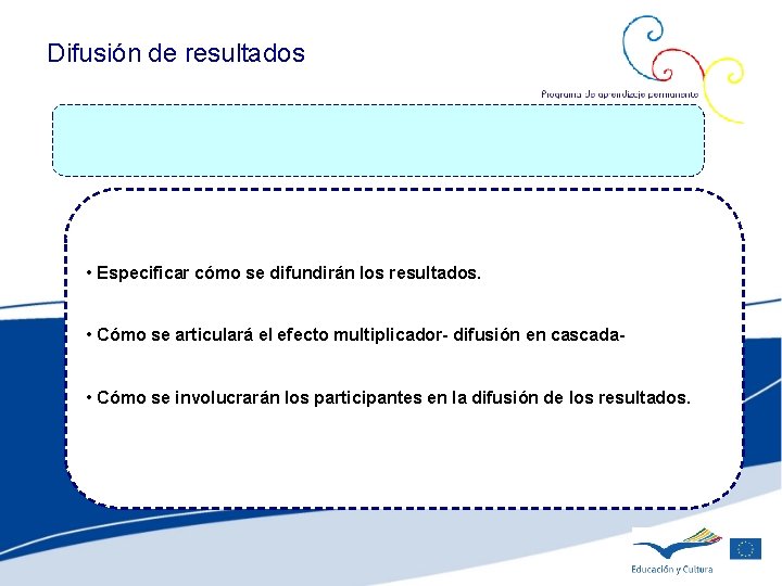 Difusión de resultados • Especificar cómo se difundirán los resultados. • Cómo se articulará