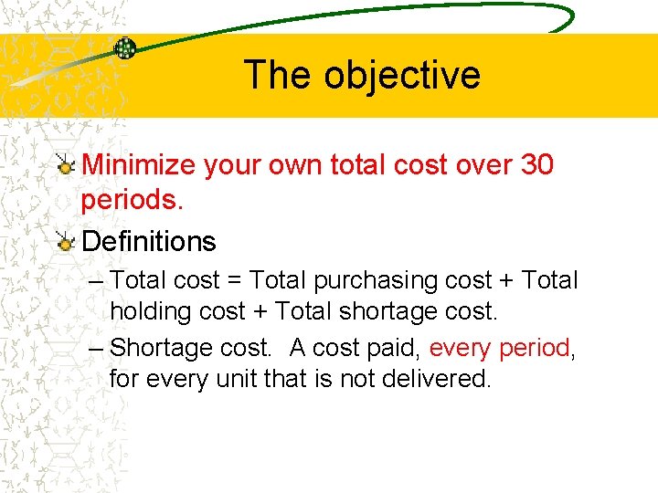 The objective Minimize your own total cost over 30 periods. Definitions – Total cost