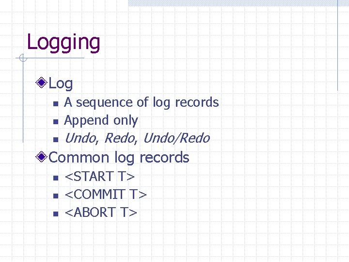 Logging Log n n n A sequence of log records Append only Undo, Redo,