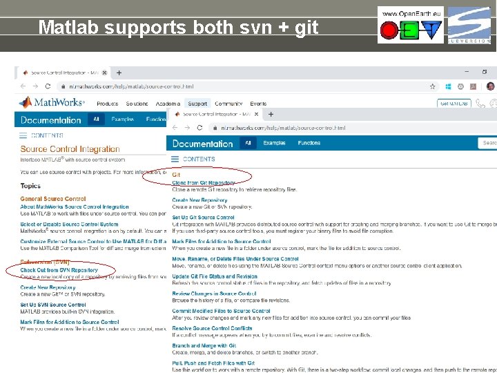 Matlab supports both svn + git 