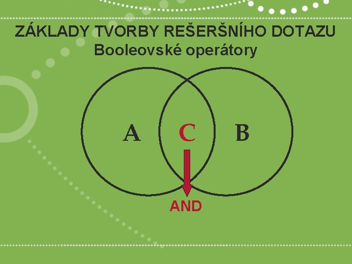 ZÁKLADY TVORBY REŠERŠNÍHO DOTAZU Booleovské operátory A C AND B 