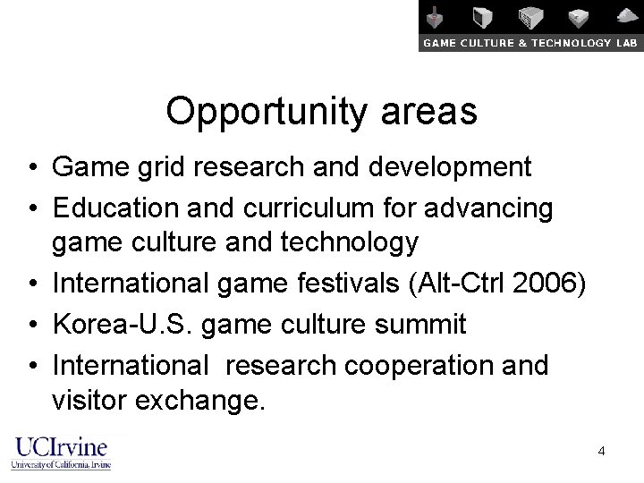 Opportunity areas • Game grid research and development • Education and curriculum for advancing