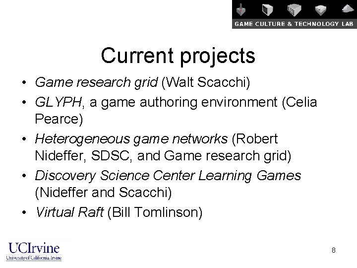 Current projects • Game research grid (Walt Scacchi) • GLYPH, a game authoring environment