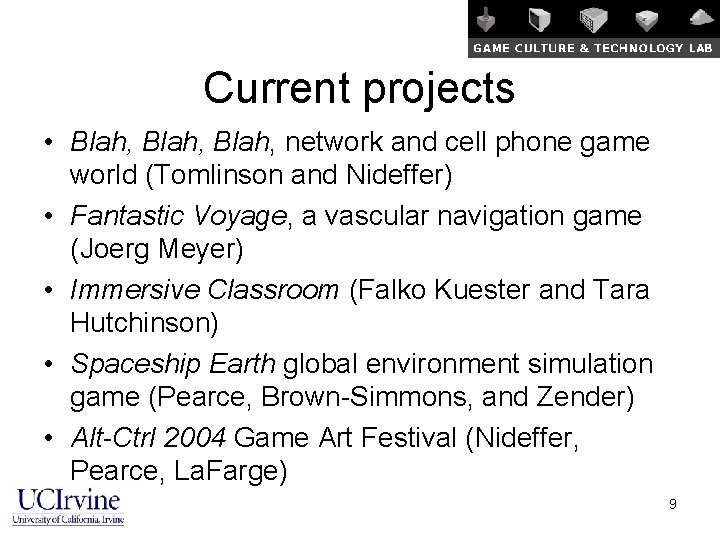 Current projects • Blah, network and cell phone game world (Tomlinson and Nideffer) •
