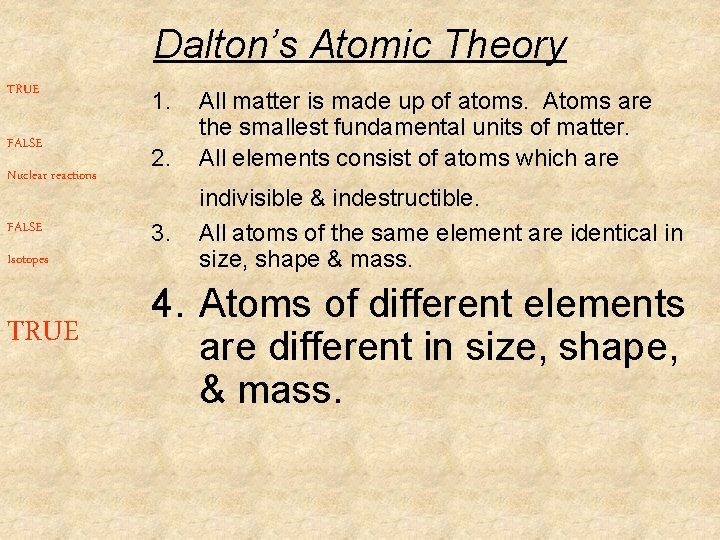 Dalton’s Atomic Theory TRUE FALSE Nuclear reactions FALSE Isotopes TRUE 1. 2. 3. All Dalton’s Atomic Theory TRUE FALSE Nuclear reactions FALSE Isotopes TRUE 1. 2. 3. All