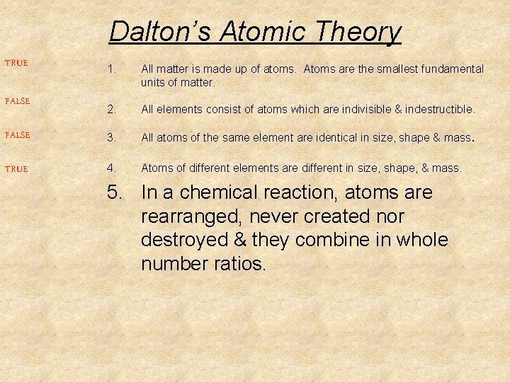 Dalton’s Atomic Theory TRUE 1. All matter is made up of atoms. Atoms are Dalton’s Atomic Theory TRUE 1. All matter is made up of atoms. Atoms are