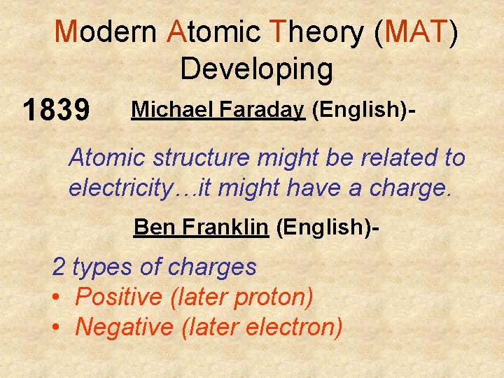Modern Atomic Theory (MAT) Developing 1839 Michael Faraday (English)Atomic structure might be related to Modern Atomic Theory (MAT) Developing 1839 Michael Faraday (English)Atomic structure might be related to