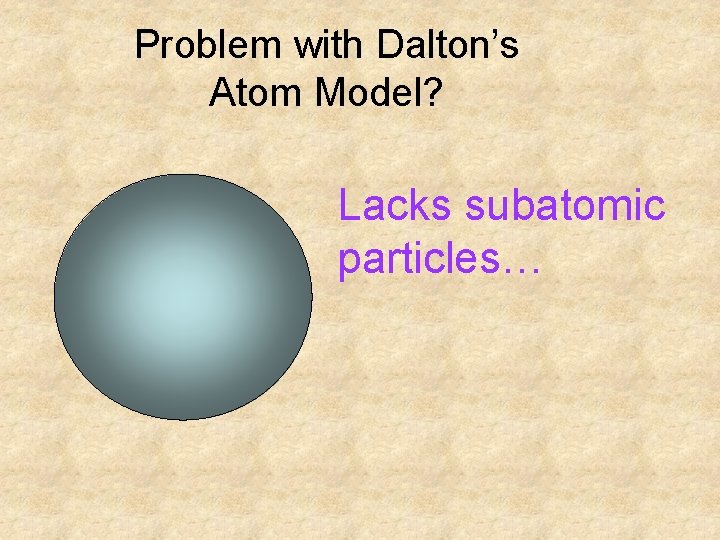 Problem with Dalton’s Atom Model? Lacks subatomic particles… Problem with Dalton’s Atom Model? Lacks subatomic particles…