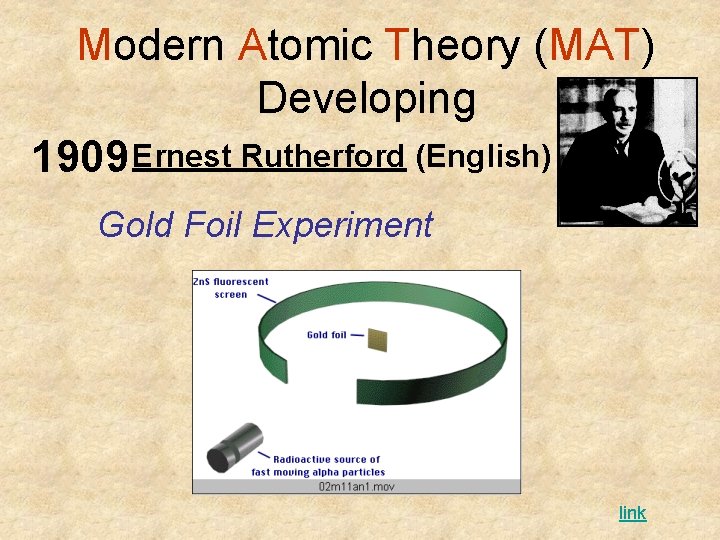 Modern Atomic Theory (MAT) Developing 1909 Ernest Rutherford (English) Gold Foil Experiment link Modern Atomic Theory (MAT) Developing 1909 Ernest Rutherford (English) Gold Foil Experiment link
