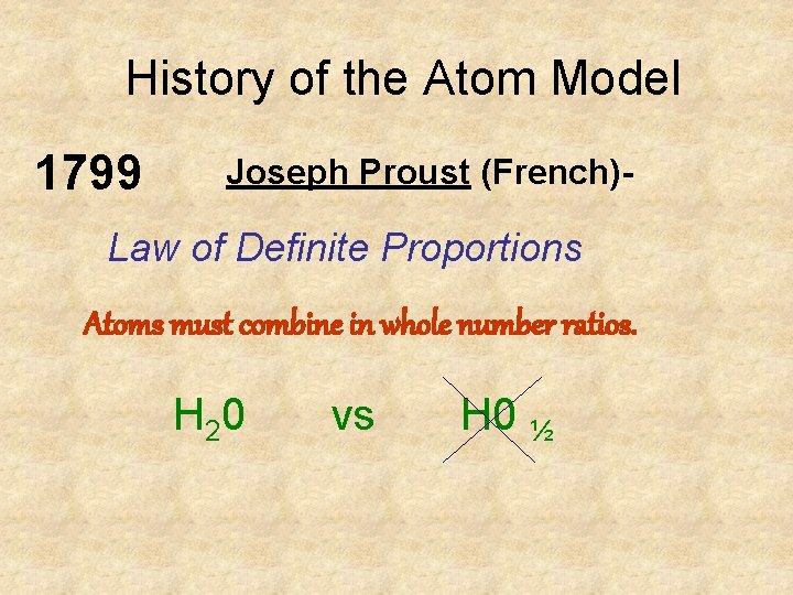 History of the Atom Model 1799 Joseph Proust (French)- Law of Definite Proportions Atoms History of the Atom Model 1799 Joseph Proust (French)- Law of Definite Proportions Atoms