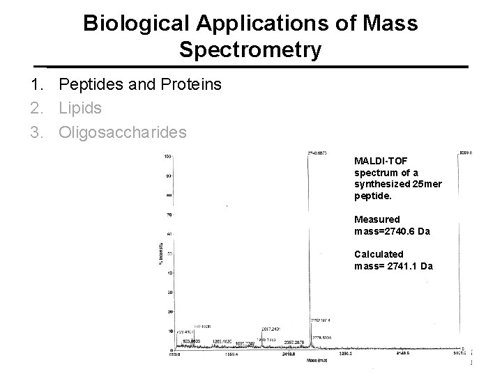 Biological Applications of Mass Spectrometry 1. Peptides and Proteins 2. Lipids 3. Oligosaccharides MALDI-TOF