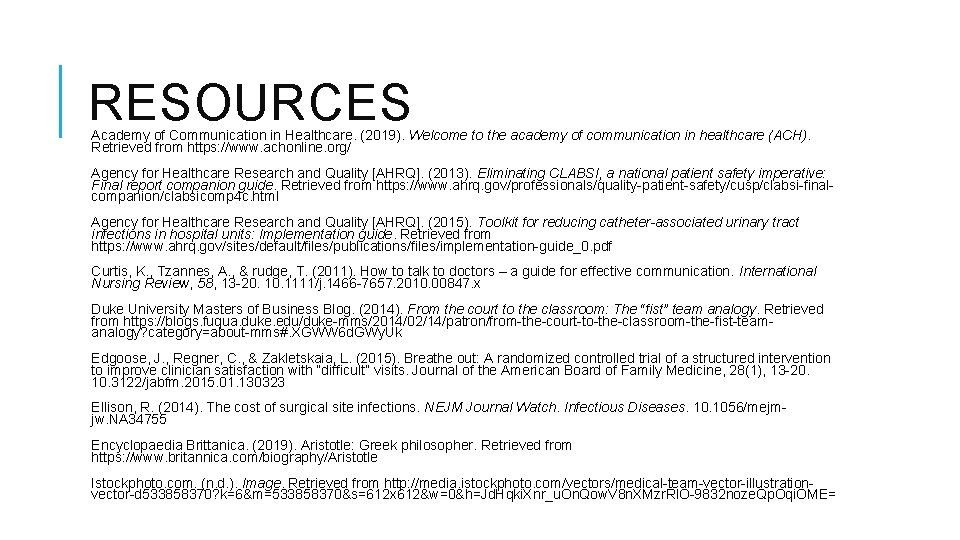 RESOURCES Academy of Communication in Healthcare. (2019). Welcome to the academy of communication in