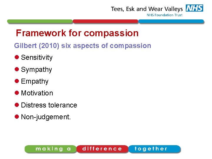 Framework for compassion Gilbert (2010) six aspects of compassion l Sensitivity l Sympathy l