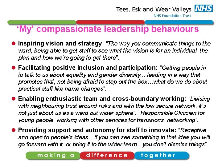 ‘My’ compassionate leadership behaviours l Inspiring vision and strategy: “The way you communicate things