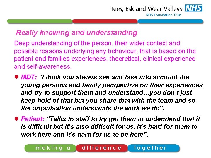 Really knowing and understanding Deep understanding of the person, their wider context and possible