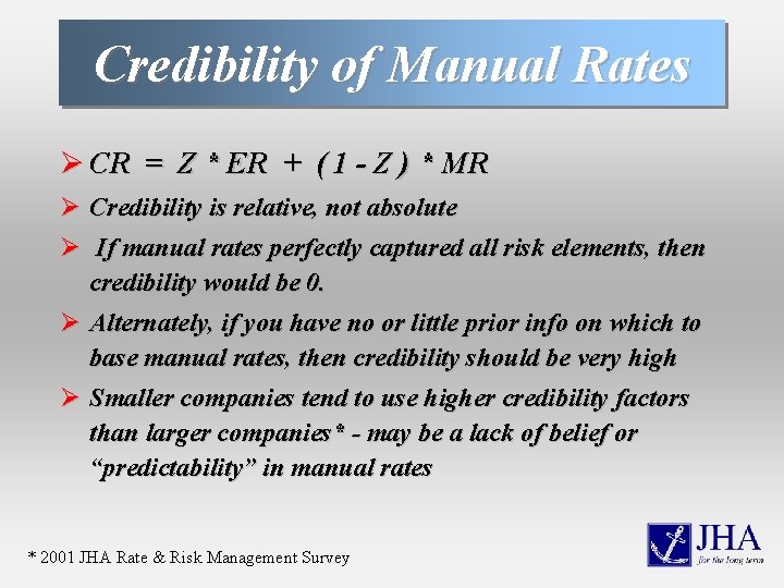 Credibility of Manual Rates Ø CR = Z * ER + ( 1 -