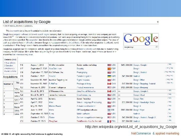 http: //en. wikipedia. org/wiki/List_of_acquisitions_by_Google © 2009 -13, all rights reserved by Net. Commerce &