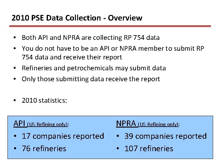 2010 PSE Data Collection - Overview • Both API and NPRA are collecting RP