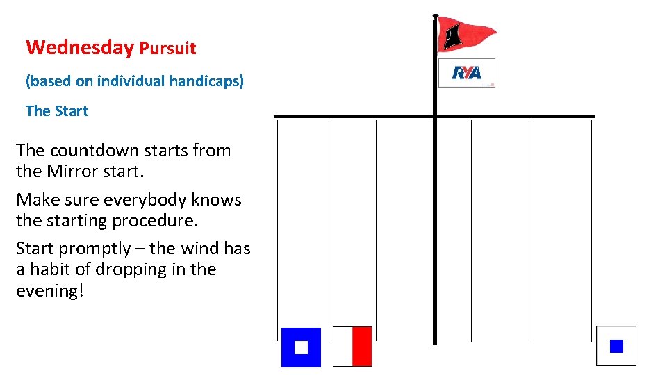 Wednesday Pursuit (based on individual handicaps) The Start The countdown starts from the Mirror