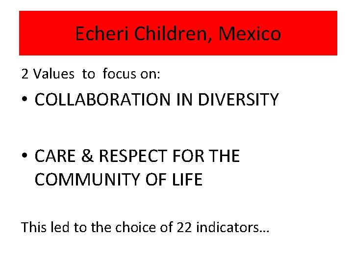 Echeri Children, Mexico 2 Values to focus on: • COLLABORATION IN DIVERSITY • CARE