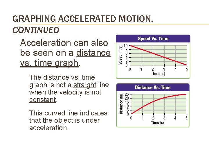 GRAPHING ACCELERATED MOTION, CONTINUED • Acceleration can also be seen on a distance vs.