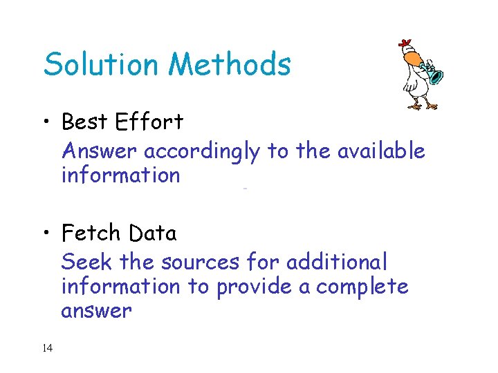 Solution Methods • Best Effort Answer accordingly to the available information • Fetch Data