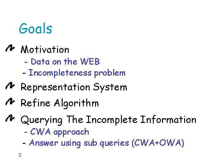 Goals Motivation - Data on the WEB - Incompleteness problem Representation System Refine Algorithm