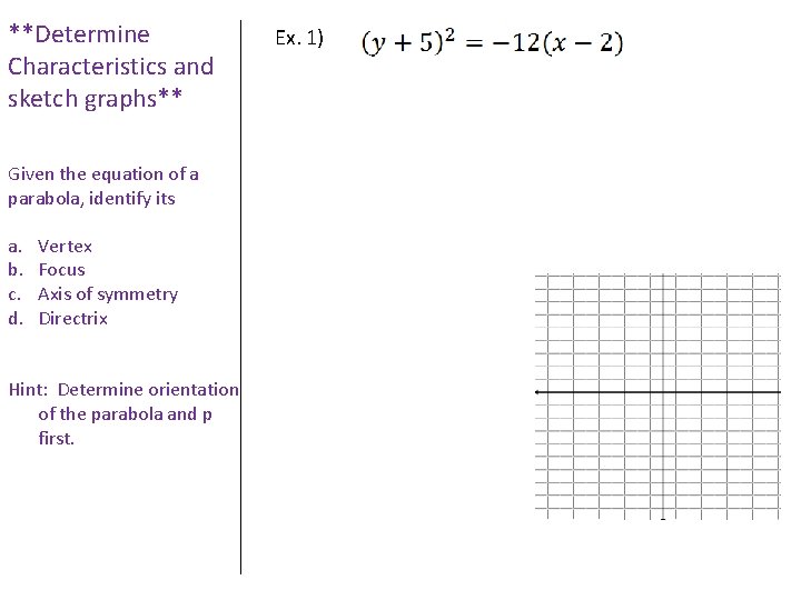 **Determine Characteristics and sketch graphs** Given the equation of a parabola, identify its a.