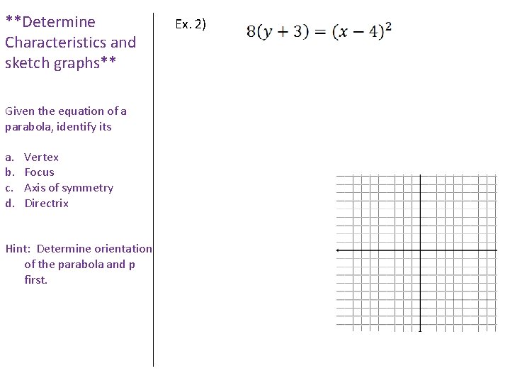 **Determine Characteristics and sketch graphs** Given the equation of a parabola, identify its a.