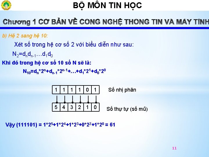 BỘ MÔN TIN HỌCÔ b) Hệ 2 sang hệ 10: Xét số trong hệ