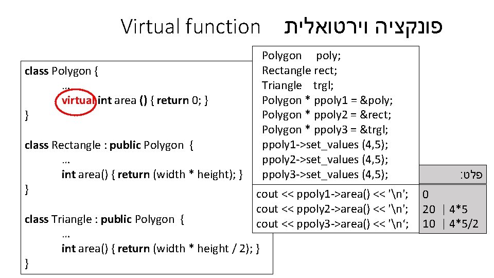 Virtual function Polygon poly; Rectangle rect; Triangle trgl; Polygon * ppoly 1 = &poly;