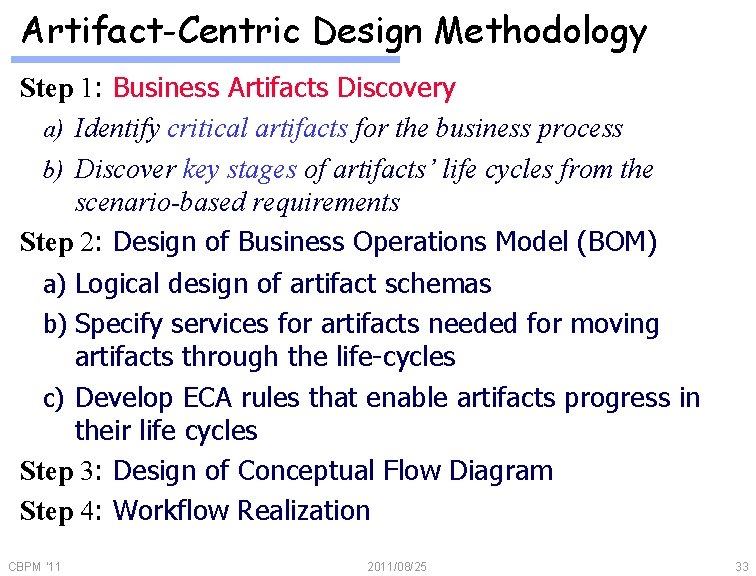 Artifact-Centric Design Methodology Step 1: Business Artifacts Discovery a) Identify critical artifacts for the