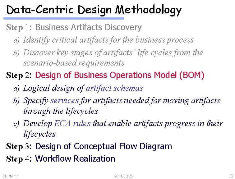 Data-Centric Design Methodology Step 1: Business Artifacts Discovery a) Identify critical artifacts for the