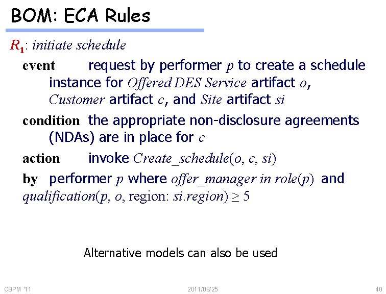 BOM: ECA Rules R 1: initiate schedule event request by performer p to create