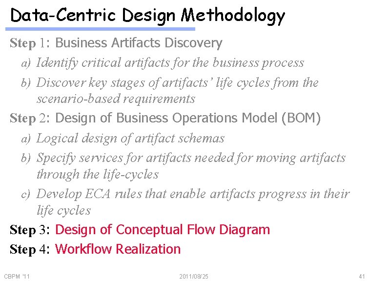 Data-Centric Design Methodology Step 1: Business Artifacts Discovery a) Identify critical artifacts for the