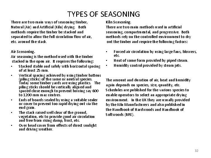 TYPES OF SEASONING There are two main ways of seasoning timber, Natural (Air) and