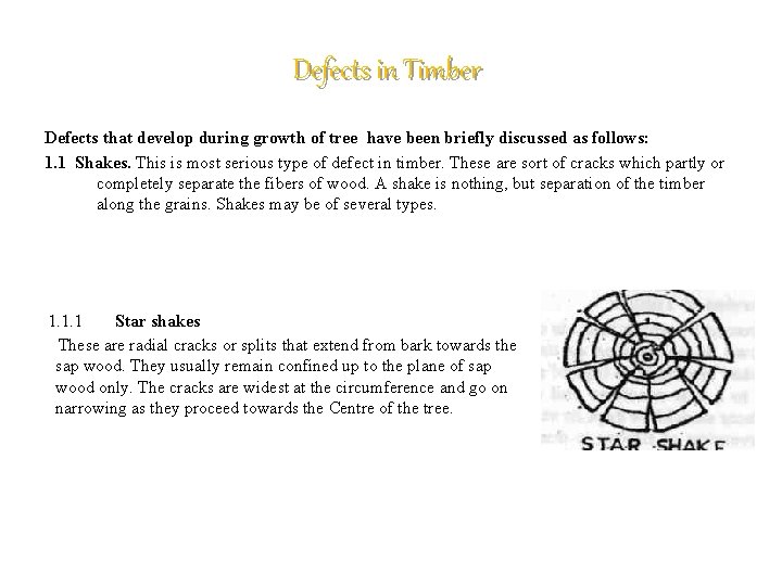 Defects in Timber Defects that develop during growth of tree have been briefly discussed
