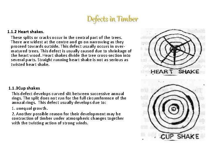 Defects in Timber 1. 1. 2 Heart shakes. These splits or cracks occur in