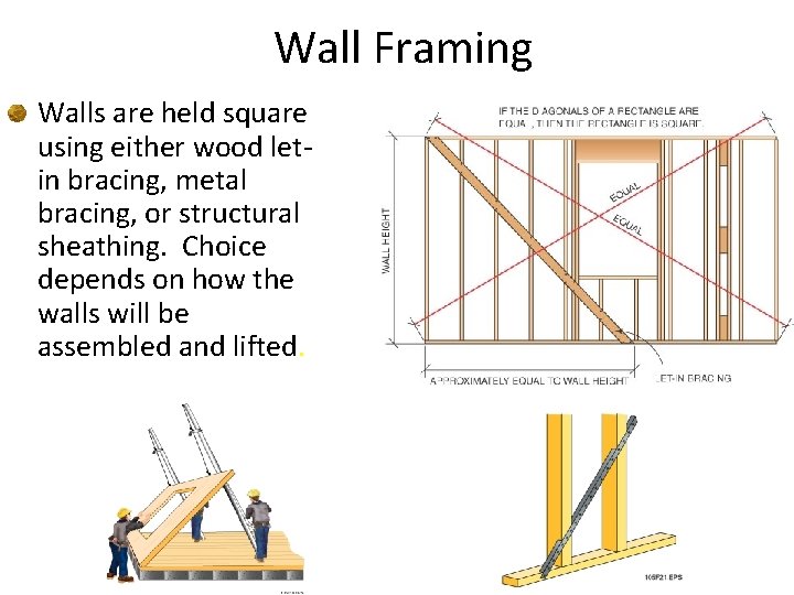 Wall Framing Walls are held square using either wood letin bracing, metal bracing, or