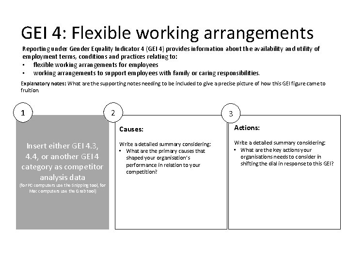 GEI 4: Flexible working arrangements Reporting under Gender Equality Indicator 4 (GEI 4) provides
