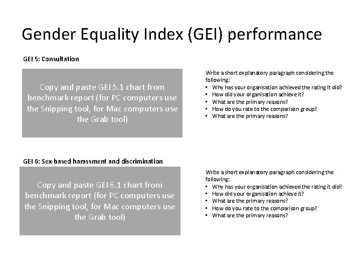 Gender Equality Index (GEI) performance GEI 5: Consultation Copy and paste GEI 5. 1