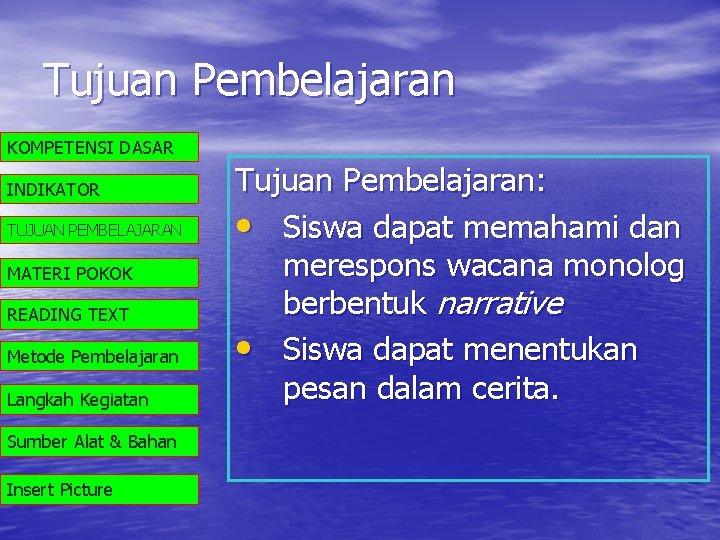 Tujuan Pembelajaran KOMPETENSI DASAR INDIKATOR TUJUAN PEMBELAJARAN MATERI POKOK READING TEXT Metode Pembelajaran Langkah