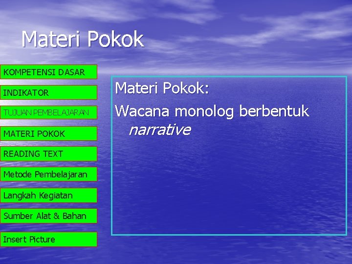 Materi Pokok KOMPETENSI DASAR INDIKATOR TUJUAN PEMBELAJARAN MATERI POKOK READING TEXT Metode Pembelajaran Langkah