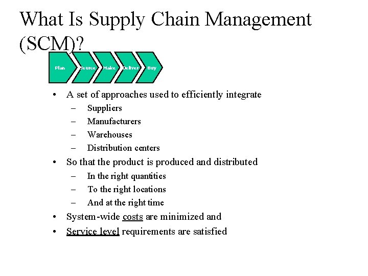 What Is Supply Chain Management (SCM)? Plan Source Make Deliver Buy • A set What Is Supply Chain Management (SCM)? Plan Source Make Deliver Buy • A set