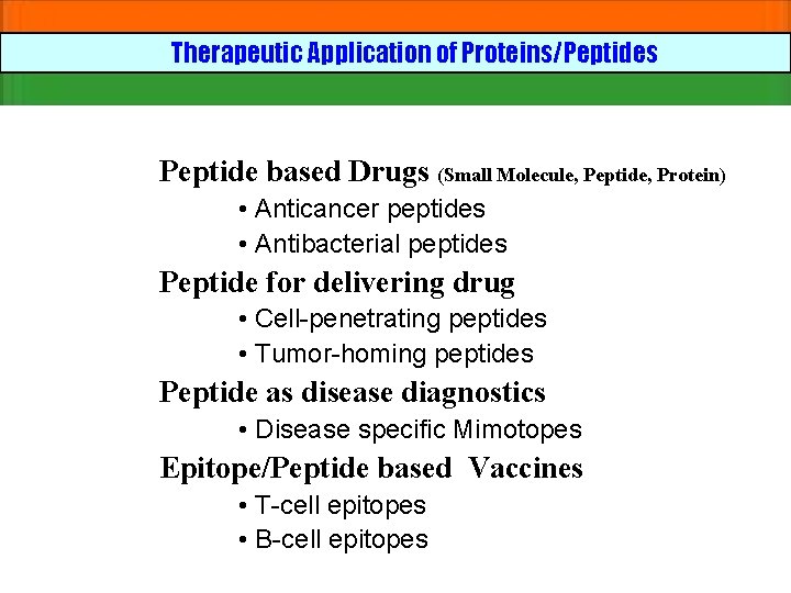 Therapeutic Application of Proteins/Peptides Peptide based Drugs (Small Molecule, Peptide, Protein) • Anticancer peptides