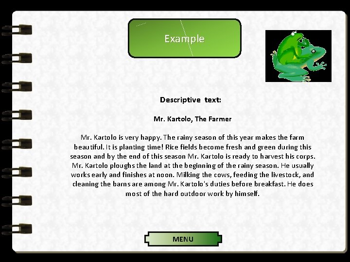 Example Descriptive text: Mr. Kartolo, The Farmer Mr. Kartolo is very happy. The rainy Example Descriptive text: Mr. Kartolo, The Farmer Mr. Kartolo is very happy. The rainy